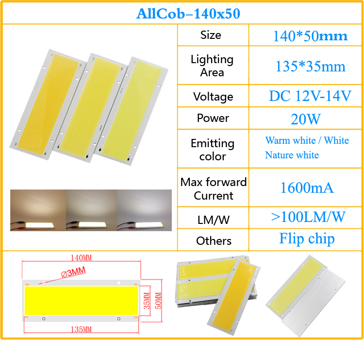 20W LED COB Light Module 140*50mm DC 12V 1500mA Warm / Natural White ...