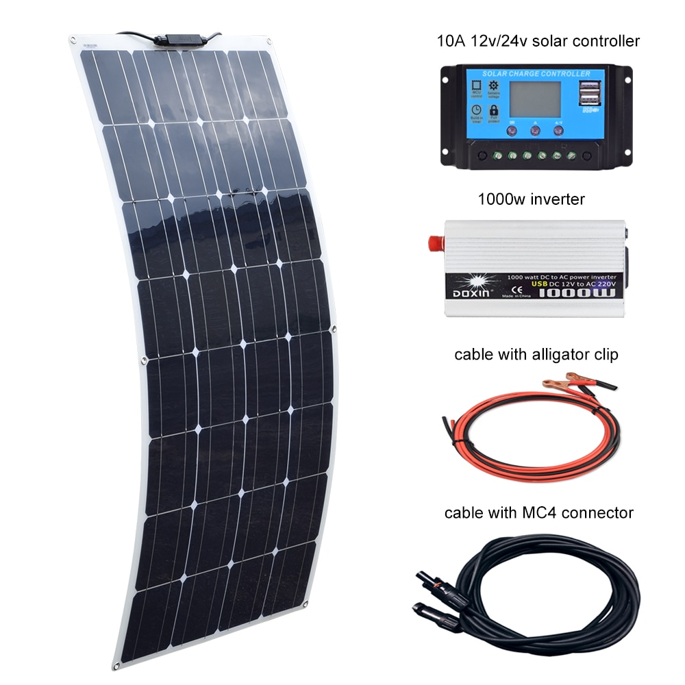 100W Solar System 12V 10A Controller and 1000W Inverter with USB for Beginner for RV/Boat