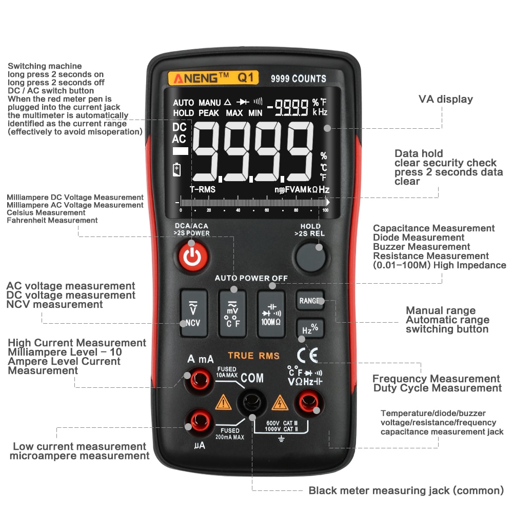 ANENG Q1 True-RMS Digital Multimeter 9999 Counts with Analog Bar Graphic