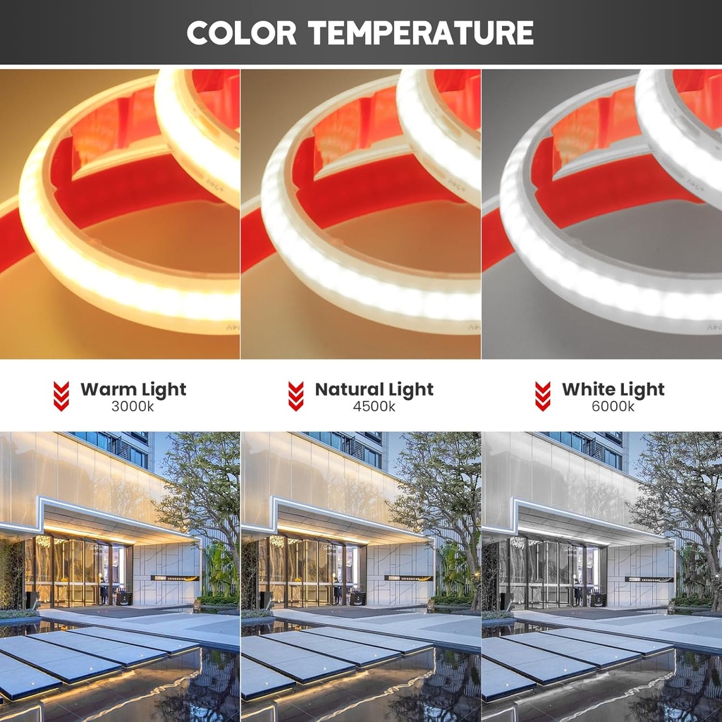 DC24V Waterproof IP68 COB LED Light Strip 360LEDs/m 5M/16.4ft High Density Flexible Tape 3000-6500K