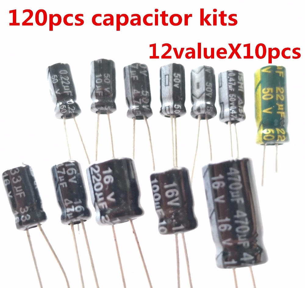 120pcs Electrolytic Capacitors Kit Assorted 12 Values 1UF-470UF 16V 25V 50V