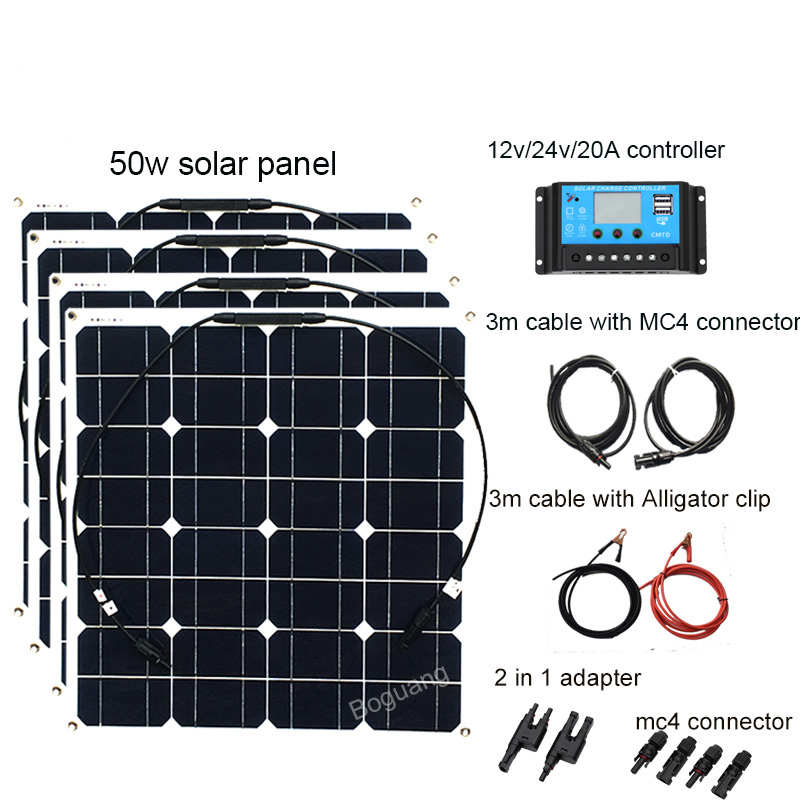 200W 12V Solar System 50W Solar Panel 20A Controller Cable Connector